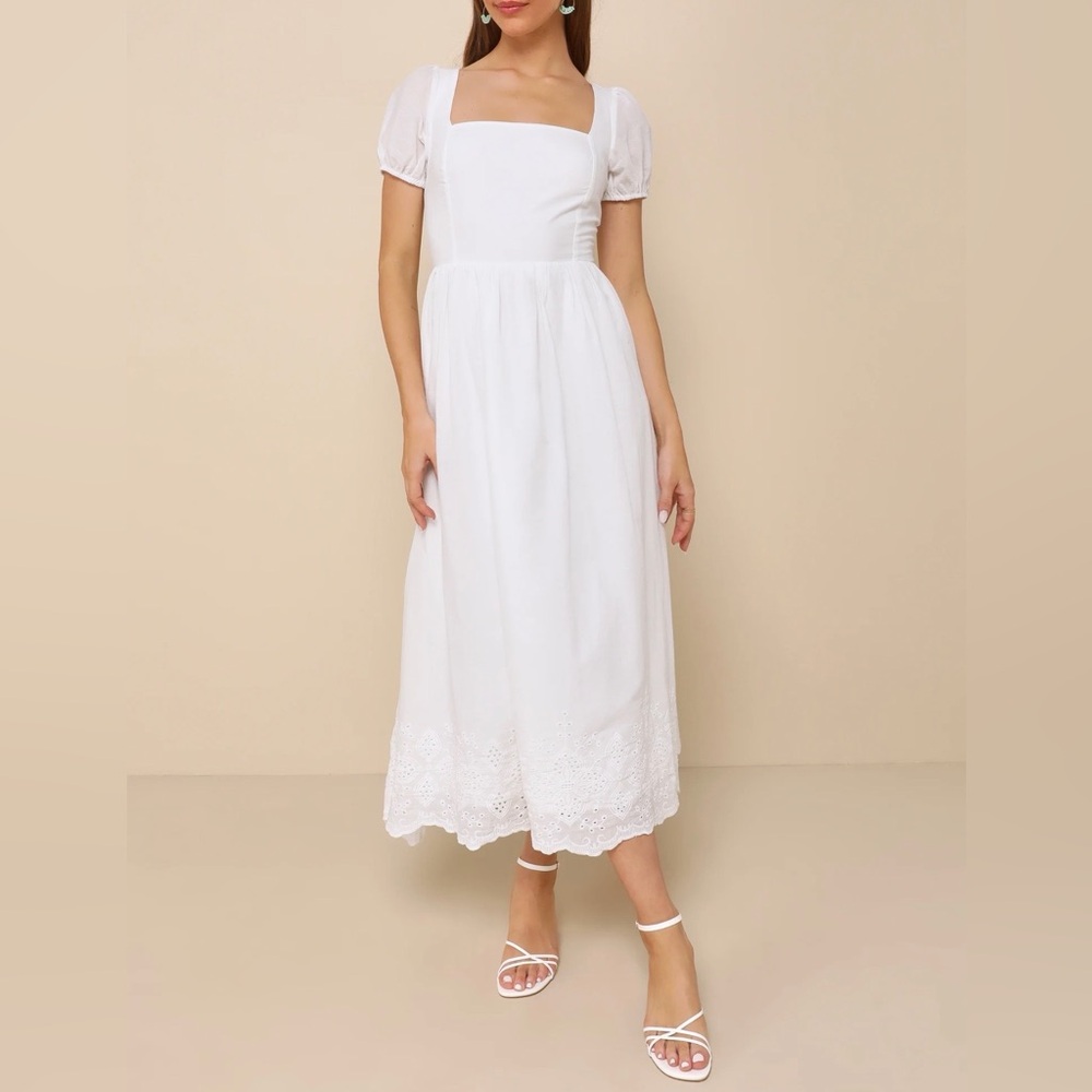 Lulus NWT “Stylish Merriment” White Puff Sleeve Embroidered Midi Dress. Size XL.